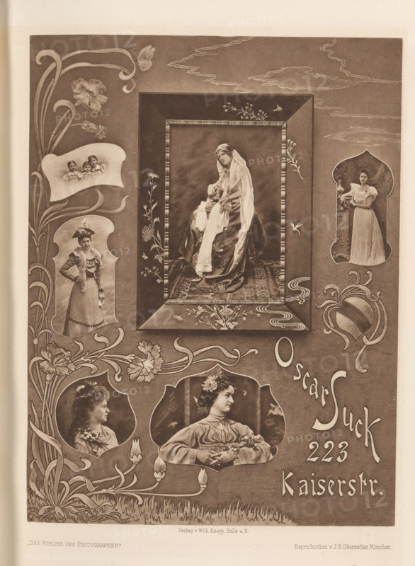 Collage of six portraits of unknown women and children, page, photomechanical print, inscription: ', Das Atelier des Photographen.'', photographer: Oscar Suck, Karlsruhe, cliché maker: Johann Baptist Obernetter, Munich, publisher: Wilhelm Knapp, Halle an der Saale, c. 1895 - in or before 1900, Oscar Suck, Johann Baptist Obernetter, Wilhelm Knapp, photographer, cliché maker, publisher, Bavaria, Baden-Württemberg, Saxony-Anhalt, paper, collotype, photoprint, height 212 mm x width 160 mm, historical persons - BB - woman, child, A sepia-toned decorative page showing multiple framed photographic portraits of women and children arranged within ornate floral and flowing Art Nouveau style borders, with a central large rectangular frame containing a seated woman draped in layered garments and a long scarf, smaller inset portraits of women in varied dresses and hairstyles positioned around the central image, stylized flowers and curving stems weaving throughout the composition, a vertical portra...