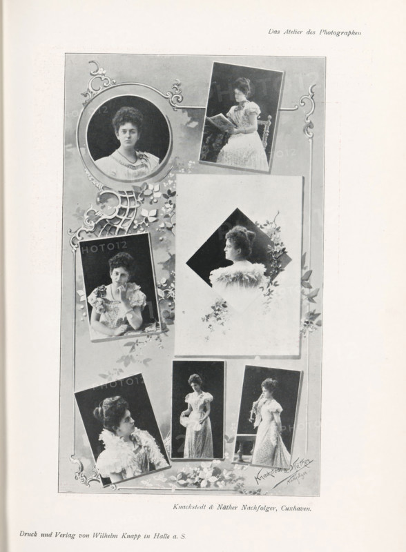 Collage of seven portraits of an unknown woman, page, photomechanical print, inscription: 'Das Atelier des Photographen.', monogram: 'LEIPZIG, S G', photographer: Knackstedt & Näther, Cuxhaven, cliché maker: unknown, Leipzig, printer (person): Wilhelm Knapp, Halle an der Saale, c. 1895 - in or before 1900, printer (person), Saxony-Anhalt, Saxony, paper, autotypie, height 202 mm x width 120 mm, historical persons - BB - woman, A vertical collage of black and white portrait photographs arranged on a decorative background, featuring a central circular framed head-and-shoulders portrait of a woman with short dark hair and a light blouse, surrounded by ornamental scrollwork and floral motifs, with several rectangular and tilted portraits of the same woman in various poses including a seated profile reading from a book, a three-quarter view with a feathered collar inside a diamond-shaped dark vignette, a seated thoughtful pose with one hand near her face, and two standing full-length views i...