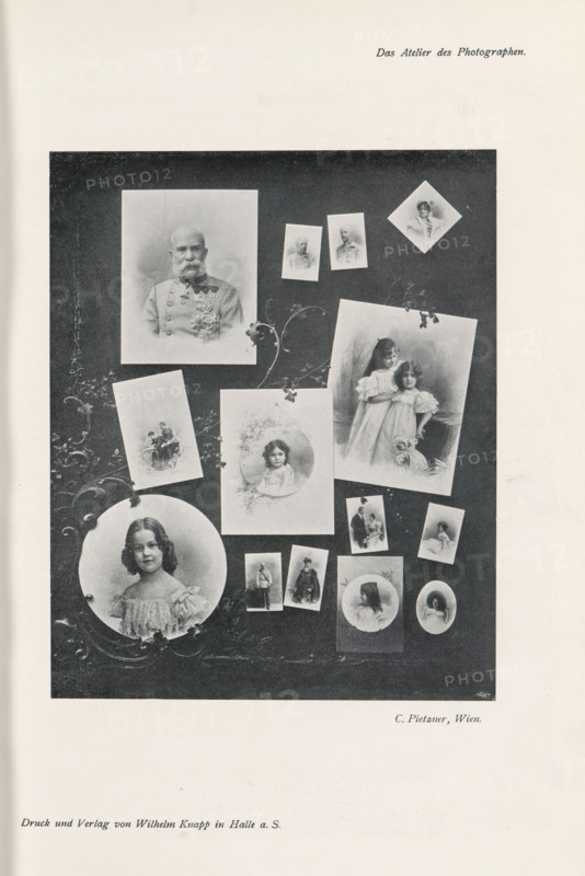 Collage of portraits of unknown men, women and children, page, photomechanical print, inscription: 'Das Atelier des Photographen.', photographer: Carl Pietzner, Vienna, cliché maker: Meisenbach, Riffarth & Cie., Berlin, printer (person): Wilhelm Knapp, Halle an der Saale, c. 1895 - in or before 1900, printer (person), Lower Austria, Saxony-Anhalt, paper, autotypie, height 162 mm x width 131 mm, historical persons, historical persons - BB - woman, child, A vertical sepia-toned page shows a dark rectangular panel filled with various photographic portraits arranged like a collage. At the top left of the panel is a large portrait of an older man with a mustache and a decorated uniform. Scattered around are smaller portraits including two young girls in light dresses standing together, a circular image of a young girl with curled hair in a frilly dress, a round portrait of another child within a delicate floral frame, and several small rectangular and oval portraits of children and adults i...