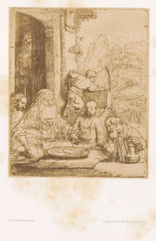 Photo reproduction of an etching of Abraham receiving the three angels by Rembrandt van Rijn, photograph, reproduction, page, photographer: Bisson Frères, after print by Rembrandt van Rijn, printer (person): Lemercier, Paris, publisher: Gide et J. Baudry, c. 1848 - in or before 1853, Rembrandt van Rijn, after print by, printer (person), paper, salted paper print, height 162 mm x width 133 mm, Abraham entertaining the three angels, A sepia-toned etching shows a group of seated figures around a low surface with a large shallow dish, a man with a long beard holds a goblet while another figure reaches toward a bowl, a child leans over a raised block near a curved tool, an elderly man with a long beard and a jug rests at the edge, a standing figure is visible in a dark doorway to the left, architectural columns and foliage fill the background, and soft stains and aging marks are visible on the paper.