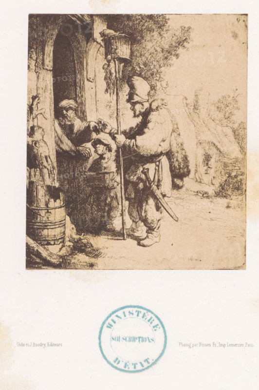 Photo reproduction of an etching of the rat poison seller by Rembrandt van Rijn, photograph, reproduction, page, collector's mark: 'MINISTÈRE, SOUSCRIPTIONS, D'ÉTAT.', photographer: Bisson Frères, after print by Rembrandt van Rijn, printer (person): Lemercier, Paris, publisher: Gide et J. Baudry, c. 1848 - in or before 1853, Rembrandt van Rijn, after print by, printer (person), paper, salted paper print, height 140 mm x width 120 mm, merchant, salesman, A sepia-toned etching shows an older man in a cloak and hat standing outside a doorway, holding a tall staff topped with a small cage; he leans slightly forward and extends one hand toward a bearded figure inside the doorway. The bearded figure appears seated or reclining within the shadowed interior and reaches outward to meet the other man’s hand; a younger face is visible lower in the doorway looking up. To the left of the doorway a wooden barrel and rough planks are visible, and the right side of the scene opens to a lightly sketche...