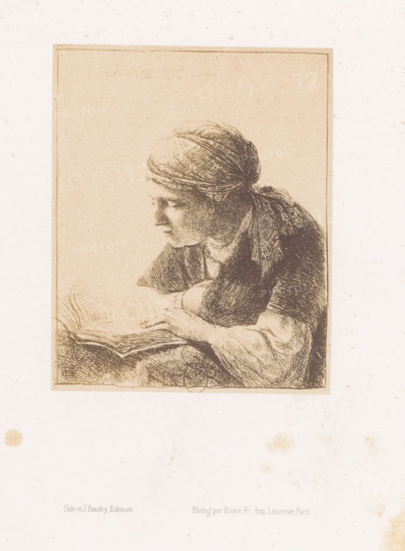 Photo reproduction of an etching of a reading woman by Rembrandt van Rijn, photograph, reproduction, page, photographer: Bisson Frères, after print by Rembrandt van Rijn, printer (person): Lemercier, Paris, publisher: Gide et J. Baudry, c. 1848 - in or before 1853, Rembrandt van Rijn, after print by, printer (person), paper, salted paper print, height 123 mm x width 99 mm, adult woman, reading, A sepia-toned etched image shows a person leaning forward with their head turned slightly to the side, wearing a head covering and layered clothing, one arm resting on a surface while the other hand touches the open pages of a large book; the figure is framed by a narrow border on a light, speckled background with small discolored spots.