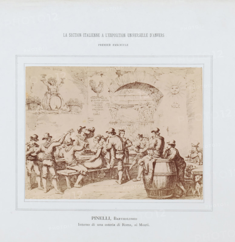 Interno di una osteria di Roma, ai Monti, Photo reproduction of a print of an interior of an inn in Rome by Bartolomeo Pinelli, La Section Italienne a l'Exposition Universelle d'Anvers - Premier Fascicule, photograph, reproduction, page, after print by Bartolomeo Pinelli, c. 1880 - in or before 1885, Bartolomeo Pinelli, photographer, after print by, paper, albumen print, height 128 mm x width 171 mm, Photo on loose plate opposite page 16., hotel, hostelry, inn, A framed sepia illustration shows a crowded tavern scene with many people gathered around long wooden tables and benches, some standing and some seated, wearing period clothing and hats, with several figures raising cups or drinking from flasks; a large wooden barrel stands in the foreground at the right, and another barrel appears as part of the scene at the left where a small cherubic figure sits atop it holding vessels; architectural elements such as an arched stone opening with a columned base and a rooster perched on a ledg...