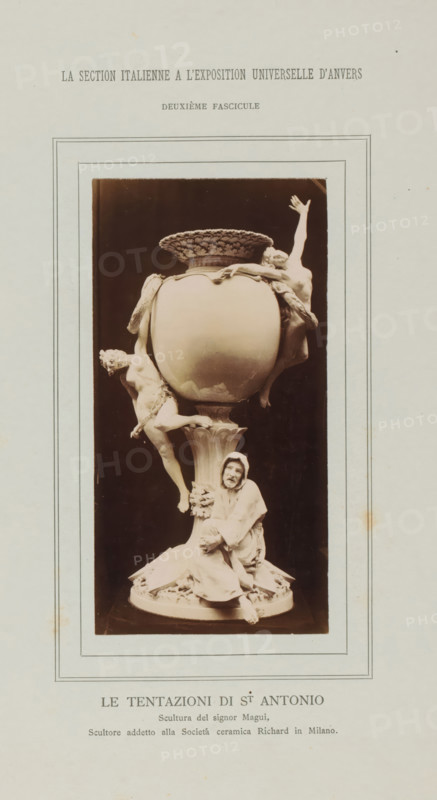 Le Tentazioni di St Antonio, Sculpture of the Temptation of Saint Anthony, La Section Italienne a l'Exposition Universelle d'Anvers - Deuxième Fascicule, photograph, page, inscription: 'Scultura del signor Magui, Scultore addetto alla Societá ceramica Richard in Milano.', c. 1880 - in or before 1885, photographer, paper, albumen print, height 149 mm x width 76 mm, Photo on loose plate opposite page 44., piece of sculpture, reproduction of a piece of sculpture, the Franciscan monk Antony of Padua, possible attributes: ass, book, crucifix, flowered cross, flaming heart, infant Christ (on book), lily, A photographic reproduction of a tall ornate vase-like sculpture mounted on a rectangular page with a decorative double-lined border, showing a large rounded central vessel with a wide decorative rim supported by a fluted pedestal and a circular base; sculpted human figures cling to and surround the vessel, including a seated robed figure at the base with a hooded head and visible facial fea...