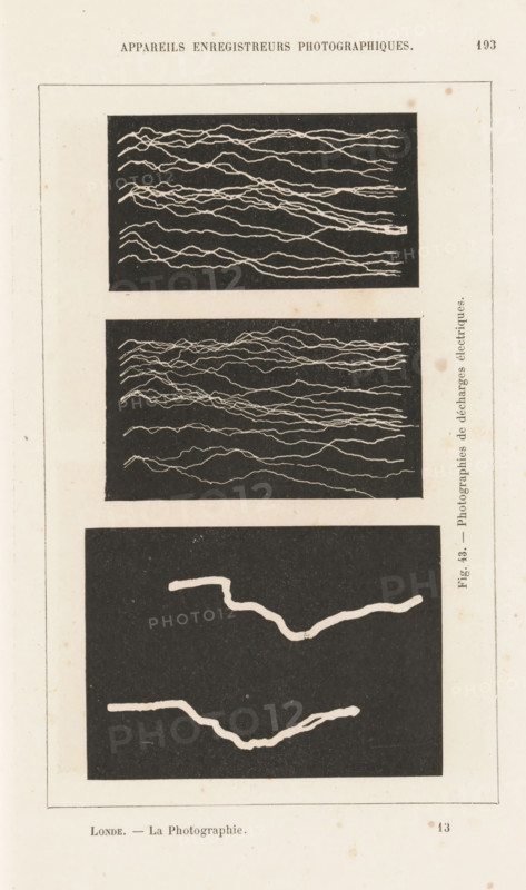 Three images of electrical discharges, page, photomechanical print, inscription: 'Fig. 43. - Photographies de discharges électriques.', photographer: Albert Londe, cliché maker: anonymous, c. 1883 - in or before 1888, paper, collo-autotype, height 80 mm x width 150 mm, electrical phenomena, A vertically oriented aged paper page with a thin rectangular border containing three dark rectangular panels stacked vertically; the top panel shows many thin pale irregular squiggly lines running horizontally against a dark background, the middle panel displays a denser arrangement of similar thin pale wavy lines across a dark field, and the bottom panel features two thicker pale irregular curved bands on a dark background; the paper shows small brownish spots and light discoloration around the edges.