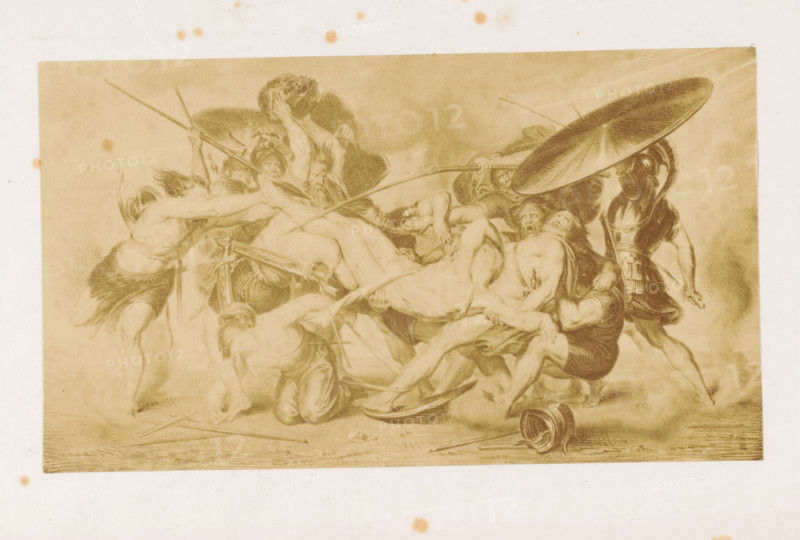 Photo reproduction of a painting of the fight over the body of Patroclus, photograph, reproduction, page, after painting by Antoine Joseph Wiertz, c. 1861 - in or before 1866, photographer, paper, albumen print, height 92 mm x width 160 mm, Photo opposite title page., the fight over the body of Patroclus, A sepia-toned scene of a group of partially and fully nude figures intertwined in a dynamic struggle, with several men wearing helmets and one holding a large round shield, long spears and curved weapons crossing the composition, a fallen helmet and scattered weapons on the ground, flowing hair and drapery, varied muscular poses and contorted limbs, a pale blank border surrounding the rectangular image and small round discoloration marks on the border.