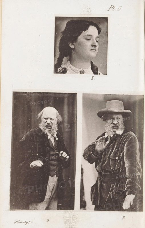 Three shots of people expressing contempt, page, photomechanical print, inscription: 'PL. 5.', photographer: Oscar Gustave Rejlander, cliché maker: anonymous, c. 1867 - in or before 1872, paper, collotype, photoprint, height 157 mm x width 107 mm, historical persons, morphology of facial expression, Contempt, A vertical page with three black and white portrait photographs mounted on it. At the top is a square portrait of a young woman shown from the shoulders up, her head turned slightly to the side, wearing a lace collar and a pendant, with dark hair styled in braids. Below are two taller portraits side by side. The left portrait shows an older man with a balding head and bushy side hair, wearing a dark jacket, waistcoat, and a neck scarf, his hands raised in an expressive gesture and his mouth open. The right portrait shows an older man with a wide-brimmed hat and a full beard, wearing a worn jacket and raising one hand as if in mid-gesture, his mouth also open. The page shows slight...