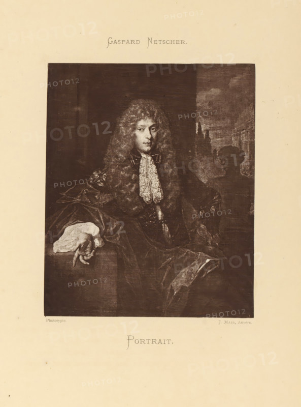 Portrait, Reproduction of a painted portrait of an unknown man by Caspar Netscher, reproduction, page, photomechanical print, photographer: Joseph Maes, Antwerp, after painting by Caspar Netscher, c. 1873 - in or before 1878, paper, Woodburytype, Woodburytypepie, height 144 mm x width 119 mm, historical persons, A sepia-toned printed portrait of a seated figure wearing a long curly wig and ornate clothing with a lacy cravat, the figure's face turned slightly forward and one hand resting on a ledge with fingers extended; the background shows a dark interior space on one side and a lighter area suggesting architectural forms on the other, with draped fabric and textured shadows throughout the image.