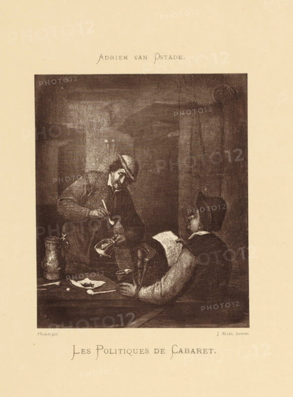 Reproduction of a painting of a scene in a tavern by Adriaen van Ostade, Les Politiques de Cabaret, reproduction, page, photomechanical print, photographer: Joseph Maes, Antwerp, after painting by Adriaen van Ostade, c. 1873 - in or before 1878, paper, Woodburytype, Woodburytypepie, height 138 mm x width 116 mm, inn, coffee-house, public house, A rectangular sepia-toned print centered on a pale background shows a dimly lit interior scene with two men seated at a table. One man, wearing a hat and coat, leans forward holding a spoon and appears to be stirring or serving from a vessel, while the other man, seated closer to the viewer and wearing a brimmed cap, faces him and holds a sheet or folded object. On the table there is a tall pitcher, a shallow dish, utensils, and a small cup. The print has a textured, slightly scratched surface and is framed by margins of blank paper.