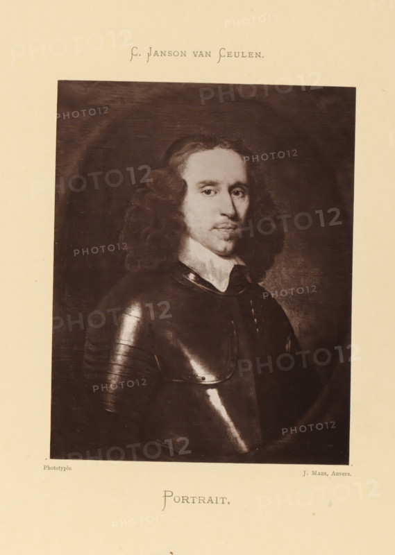 Reproduction of painted portrait of an unknown man by Cornelis Jonson van Ceulen I, Portrait, reproduction, page, photomechanical print, photographer: Joseph Maes, Antwerp, after painting by Cornelis Janssens van Ceulen I, c. 1873 - in or before 1878, paper, Woodburytype, height 148 mm x width 117 mm, historical persons, A sepia-toned portrait photograph of a man shown from the torso up wearing reflective armor and a wide white collar, with shoulder-length wavy hair, a trimmed mustache and small goatee, set against a dark background and mounted on a light-colored page.