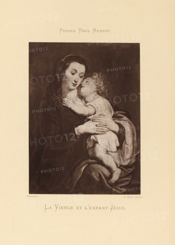 Reproduction of a painting of Mary with the Christ Child by Peter Paul Rubens, La Vierge et l'enfant Jésus, reproduction, page, photomechanical print, photographer: Joseph Maes, Antwerp, cliché maker: Joseph Maes, after painting by Peter Paul Rubens, c. 1873 - in or before 1878, Joseph Maes, Peter Paul Rubens, photographer, cliché maker, after painting by, paper, Woodburytype, height 153 mm x width 113 mm, Mary sitting or enthroned, the Christ-child standing on her knee (Christ-child to Mary's left), A sepia-toned rectangular print centered on a pale background shows a seated woman holding a young child; the woman has dark hair pulled back and a calm facial expression as she looks slightly downward, wearing a dark draped garment, while the child with curly hair is held at the woman's chest, facing upward with one arm around her neck and legs uncovered, both figures rendered with soft shading and detailed folds in the clothing; there is decorative text above and below the print and smal...