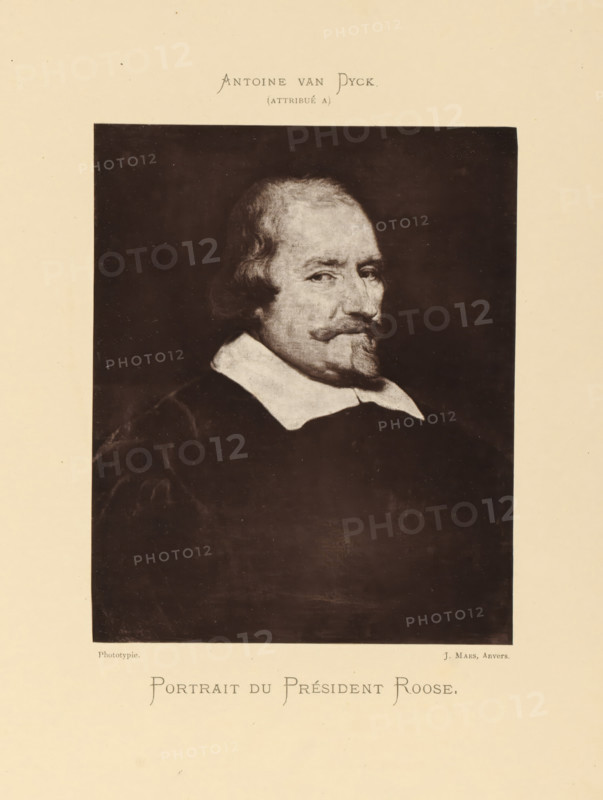 Portrait of President Roose, Reproduction of a painted portrait of Peter Roose, attributed to Anthony van Dyck, reproduction, page, photomechanical print, photographer: Joseph Maes, Antwerp, c. 1873 - in or before 1878, paper, Woodburytype, Woodburytypie, height 145 mm x width 118 mm, Person, Peter Roose, historical persons, A sepia-toned portrait of an older man shown from the chest up against a dark background, with a pale ruffled collar contrasting against a dark garment; the man has wavy hair at the sides, a mustache and a pointed goatee, and his face is turned slightly to the side with a neutral expression.
