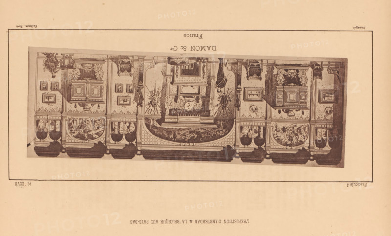 Reproduction of a print of a design for the French pavilion at the 1883 World's Fair in Amsterdam, reproduction, page, photomechanical print, inscription: 'Damon & Cie, France', inscription: 'Fascicule 3, PL. XXVII', maker: Truchelut & Valkman (possibly), after print by anonymous, c. 1878 - in or before 1883, Truchelut & Valkman, after print by, paper, collotype, photogravure, height 81 mm x width 236 mm, world fair, world exhibition, Wereldtentoonstelling 1883 (Amsterdam), A rectangular sepia-toned image shows an ornate interior panel with decorative carvings and framed pictures, presented upside down on a plain background. The central panel features a large decorative piece with intricate patterns, sculpted figures, and ornamental motifs, flanked by smaller framed artworks and carved pilasters. Along the lower edge of the panel there are semicircular decorative niches filled with figurative scenes and ornamental vases, separated by vertical supports and moulded bases. The surrounding...