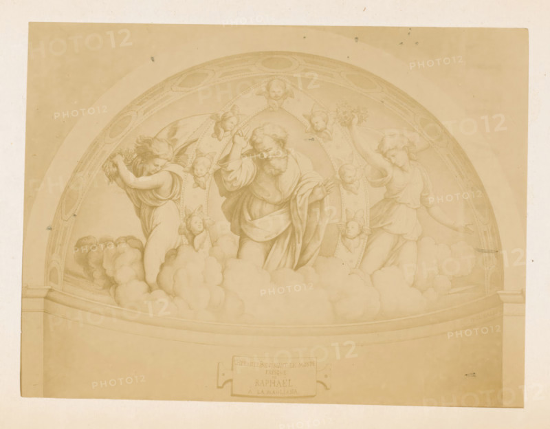 Fresco of God Blessing the World by Raphael, from the chapel of a villa in La Magliana, Rome, photograph, page, c. 1868 - in or before 1873, photographer, paper, albumen print, height 127 mm x width 168 mm, Photo opposite title page., picture, painting, God the Father represented as a human being, usually with crown or tiara or scepter and, or globe, A faded sepia-toned drawing shows a domed semicircular composition with figures among clouds. In the central area an older bearded male figure stands with flowing robes and an arm raised, flanked by two female figures in draped garments who hold floral elements and extend arms outward. Several small cherubic heads with wings appear around the central figures, integrated into the ornamental arch above them. The arch contains decorative oval motifs and patterned bands. Voluminous clouds fill the lower portion of the dome, resting on an architectural cornice that curves across the composition. The paper shows signs of age with slight stains a...