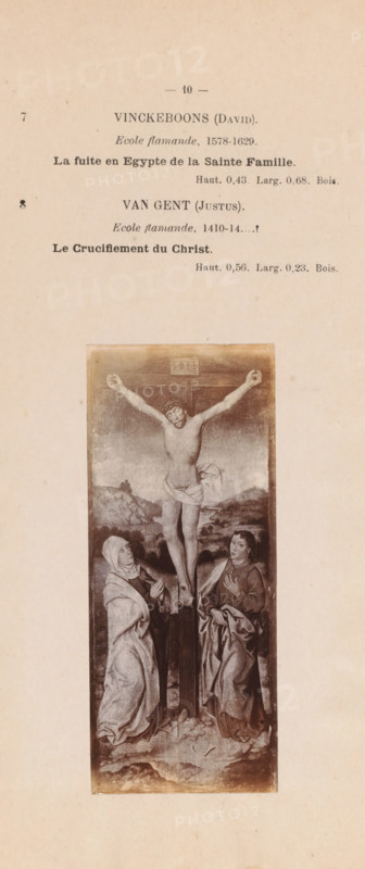 Photo reproduction of a painting of the Crucifixion of Christ by Justus van Gent, photograph, reproduction, page, photographer: Georges Raynaud, after painting by Justus van Gent, c. 1886 - in or before 1891, paper, daylight gelatin silver print, height 142 mm x width 60 mm, Photo on page 10., crucified Christ with Mary and John on either side of the cross, Holy Rood, A faded printed page showing a vertical rectangular artwork reproduction centered on the lower half, depicting a crucifixion scene with a central male figure on a cross, arms outstretched and head bowed, wearing a cloth around his waist and a crown-like headpiece, flanked at the base by two robed figures looking toward him, set against a landscape background with hills and sky; the page has an off-white, aged paper tone with visible small spots and a wide blank margin around the artwork and printed headings above the image.