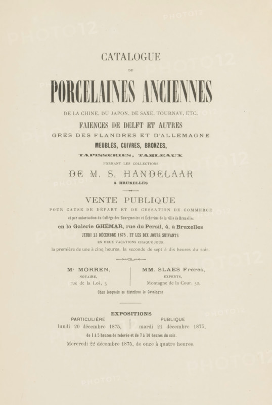 Catalogue de porcelaines anciennes de la Chine, du Japon, de Saxe, Tournay, etc. faiences from Delft and large des Flandres et d'Allemagne furniture, cuivres, bronzes, tapesseries, tableaux formant les collections de MS Handelaar a Bruxelles, book, annotation: 'JULY, 1991', 1875, paper, printing, albumen print, height 290 mm x width 190 mm x thickness 17 mm, A vertically oriented aged paper page with centered rows of printed dark serif and display type forming a title layout, showing large bold decorative words near the top and progressively smaller lines of text beneath, separated by thin ornamental rules and spacing, with two narrow columns of shorter lines and small ornamental symbols lower down, and a wide blank margin around and below the printed area.