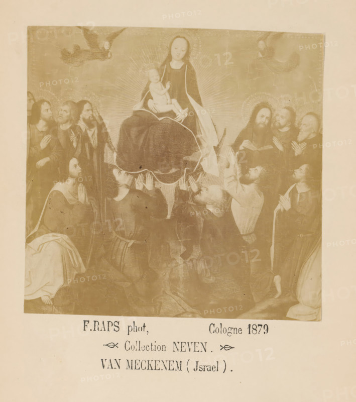 Photo reproduction of a painting of the Adoration of Mary with Child, photograph, reproduction, page, inscription: 'Collection NEVEN, Van Meckenem (Israel)', photographer: Friedrich Raps, Cologne, after painting by anonymous, 1879, North Rhine-Westphalia, paper, albumen print, height 105 mm x width 109 mm, Photo opposite title page., Madonna: Mary sitting or enthroned, the Christ-child in her lap (or in front of her bosom) (Mary sometimes represented half-length) (donor(s), supplicant(s), whether or not with patron saint(s)), A faded rectangular artwork shows a seated woman with a halo holding a small child on her lap, surrounded by radiating lines and flanked by several kneeling and standing figures looking toward them, some with hands raised or clasped in prayer; two winged figures appear near the top corners above the scene, and portions of draped garments and overlapping bodies fill the lower area, all presented on a pale background.