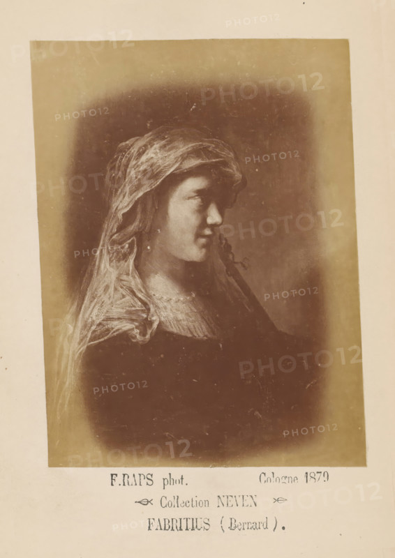 Photo reproduction of a painting of a shepherdess, photograph, reproduction, page, inscription: 'Collection NEVEN, Fabritius (Bernard)', photographer: Friedrich Raps, Cologne, after painting by Barent Fabritius (possibly), 1879, North Rhine-Westphalia, paper, albumen print, height 133 mm x width 98 mm, herding, herdsman, herdswoman, shepherd, shepherdess, cowherd, A sepia-toned portrait of a young woman in profile facing right, wearing a translucent headscarf draped over her hair and shoulders, her face partially lit with soft shadows along her cheek and nose, a single earring visible at her ear, a textured garment at her neckline, and a blurred dark background framed by a lighter border within the photograph.