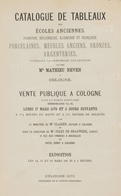 Catalogue de tableaux des écoles anciennes : flamande, hollandaise, allemande et française : porcelaines, antique furniture, bronzes, argenties, formant the precious collection of feu Mr. Mathieu Neven a Cologne, book, number: '1600.-', annotation: 'ex-N, 1993', 1879, textile materials, paper, linen (material), transparent paper, printing, albumen print, height 234 mm x width 161 mm x thickness 25 mm, A vertically oriented aged paper page with printed dark serif and sans-serif text arranged in centered lines, showing a large bold heading near the top and multiple smaller headings and body lines beneath; the paper has a warm off-white tone with slight discoloration and tiny foxing speckles around the edges, and the printed lines create a formal, poster-like layout with clear spacing between sections.