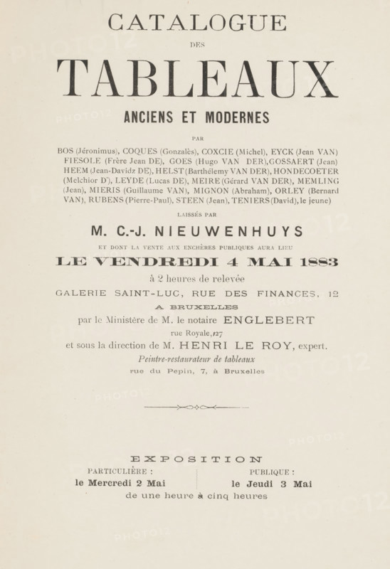 Catalogue des tableaux old et moderns by Bos (Jéronimus) ... Teniers (David), le jeune) laissés by MC-J. Nieuwenhuys, book, annotation: '... De MF Mappaerts 550', annotation: 'Photo', date: 'FEB 1986', 1883, textile materials, paper, linen (material), printing, albumen print, height 257 mm x width 157 mm x thickness 12 mm, A cream-colored page with large bold title text near the top, followed by several lines of smaller printed text arranged in centered blocks, a decorative horizontal flourish near the middle, and additional centered headings and lines of printed text toward the lower half, all in black ink on a pale background.