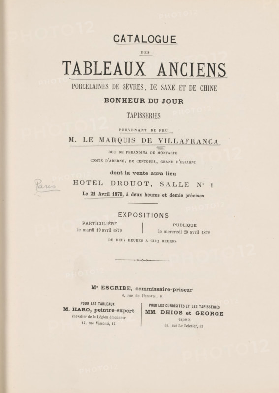 Catalogue des tableaux old porcelaines de Sèvres, de Saxe et de Chine bonheur du jour tapisseries provenant de feu M. le Marquis de Villafranca duc de Ferandina de Montalto comte d'Aderno, de Centobbe, Grand d'Espagne, book, date: 'JAN, 1999', annotation: 'ec, .z, ', number: '3026', 1870, textile materials, pasteboard, biological material, paper, linen (material), leather, printing, cocoa marbled paper, snail marbled paper, albumen print, height 274 mm x width 218 mm x thickness 17 mm, A pale page with printed dark serif headings and smaller lines of text arranged vertically, a centered decorative horizontal rule, a small handwritten word in cursive at left, and faint age spots and slight discoloration near the edges.
