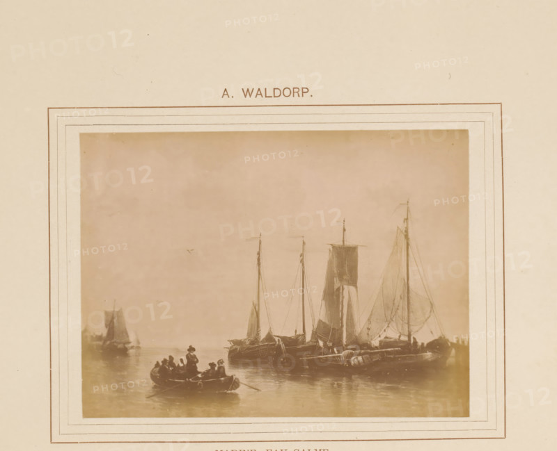 Photo reproduction of Marine, eau calme by Antonie Waldorp, Marine, eau calme, photograph, reproduction, page, inscription: 'A. Waldorp', after painting by Antonie Waldorp, c. 1878 - in or before 1883, photographer, paper, albumen print, albumendruk, height 97 mm x width 131 mm, sailing-ship, sailing-boat, landscapes with waters, waterscapes, seascapes (in the temperate zone), painting, drawing and the graphic arts, A sepia-toned photograph mounted on a beige mat showing a harbor scene with several sailing vessels moored close together, tall masts and furled sails, and a small rowboat in the foreground carrying several people; the water reflects the boats and figures, and faint distant boats and seabirds appear in the hazy background.
