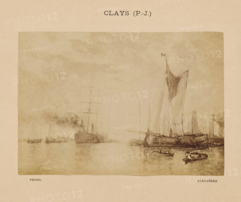 Clays (P.-J.), Photo reproduction of Rampe de Rotterdam by Paul Jean Clays, photograph, reproduction, page, photographer: Alexandre, after painting by Paul Jean Clays, c. 1888 - in or before 1893, paper, albumen print, albumendruk, height 101 mm x width 144 mm, sailing-ship, sailing-boat, landscapes with waters, waterscapes, seascapes (in the temperate zone), painting, drawing and the graphic arts, A faded sepia-toned maritime illustration showing several sailing vessels on calm water, with a large ship in the foreground displaying a tall mast and partially unfurled sails, smaller boats and rowboats clustered nearby, distant ships and masts visible through a hazy atmosphere, soft reflections on the water, and a textured paper border surrounding the image.
