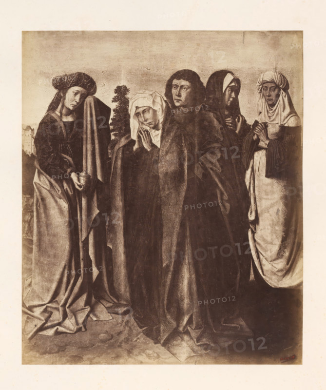 Photo reproduction of The Three Marys and the Saints John and Mary Magdalene by Jan Gossaert, photograph, reproduction, page, photographer: Edmond Fierlants, after painting by Jan Gossart, publisher: C. Muquardt, Brussels, c. 1856 - in or before c. 1861, paper, albumen print, albumendruk, height 358 mm x width 301 mm, the penitent harlot Mary Magdalene, possible attributes: book (or scroll), crown, crown of thorns, crucifix, jar of ointment, mirror, musical instrument, palm-branch, rosary, scourge, the holy women (the three Maries) on their way to or at the tomb, to anoint Christ's body, A monochrome image of five standing figures dressed in long draped garments and head coverings, arranged closely side by side, with visible folds and texture in their robes; the leftmost figure wears a rounded headdress and holds a small cylindrical object near a vertical draped cloth, the second figure has a white head wrap and clasped hands held near the face, the central figure has short curly hair ...