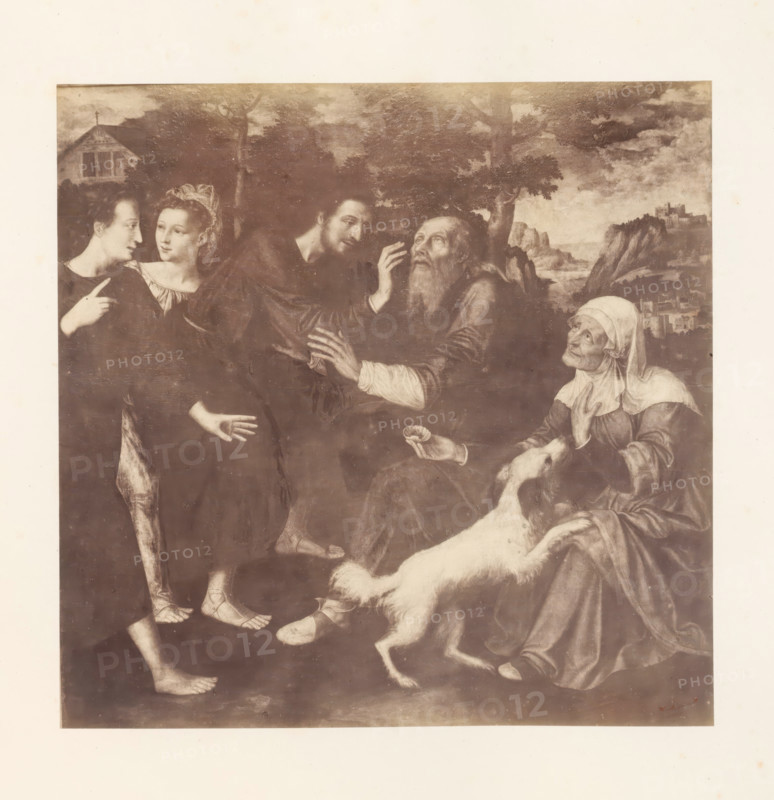 Photo reproduction of the Healing of Tobit by Jan Massijs, photograph, reproduction, page, photographer: Edmond Fierlants, after painting by Jan Massijs, publisher: C. Muquardt, Brussels, c. 1856 - in or before c. 1861, paper, albumen print, albumendruk, height 268 mm x width 272 mm, the healing of Tobit: Tobias puts the gall of the fish on his father's eyes, A sepia-toned painting showing several figures gathered in an outdoor landscape with trees and distant rocky hills, a young woman with pulled-back hair and a headpiece looking toward a young man who gestures with his hand, a bearded older man seated with his hand raised toward his face while another dark-haired man leans in toward him, an elderly woman wearing a headscarf seated to the right holding a small shell in one hand and petting a small dog that stands on its hind legs, visible feet and sandals at the lower edge, and a building partially visible among trees in the background.