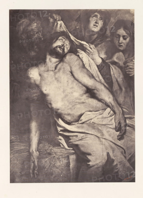 Photo reproduction of Christ on the Straw by Peter Paul Rubens, photograph, reproduction, page, photographer: Edmond Fierlants, after painting by Peter Paul Rubens, publisher: C. Muquardt, Brussels, c. 1856 - in or before c. 1861, paper, albumen print, albumendruk, height 343 mm x width 247 mm, Christ lying on the stone of unction, A grayscale image of a painted scene showing a partially nude man reclining with his torso exposed and head tilted back, his eyes closed and mouth slightly open, draped with a cloth around his lower body; behind and beside him are three figures with visible faces and hands, one holding a white cloth near the man's head and another looking downward, all with somber expressions; the composition includes detailed shading and visible brush textures, with the man's outstretched arm and hand hanging limply and a background of darker tonal areas.