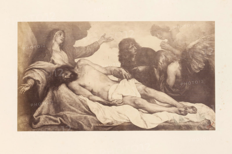 Photo reproduction of the Lamentation of Christ by Anthony van Dyck, photograph, reproduction, page, photographer: Edmond Fierlants, after painting by Anthony van Dyck, publisher: C. Muquardt, Brussels, c. 1856 - in or before c. 1861, paper, albumen print, albumendruk, height 209 mm x width 375 mm, Christ's body supported by Mary, others present, A sepia-toned painting shows a reclining male figure draped with a light cloth across his lower body, his head leaning to one side and his arms extended; a robed woman with an outstretched arm and upward gaze sits behind him on the left, and two other figures with long hair and wings are positioned on the right with one figure leaning forward and another looking downward, all arranged on a textured draped surface against a cloudy background.