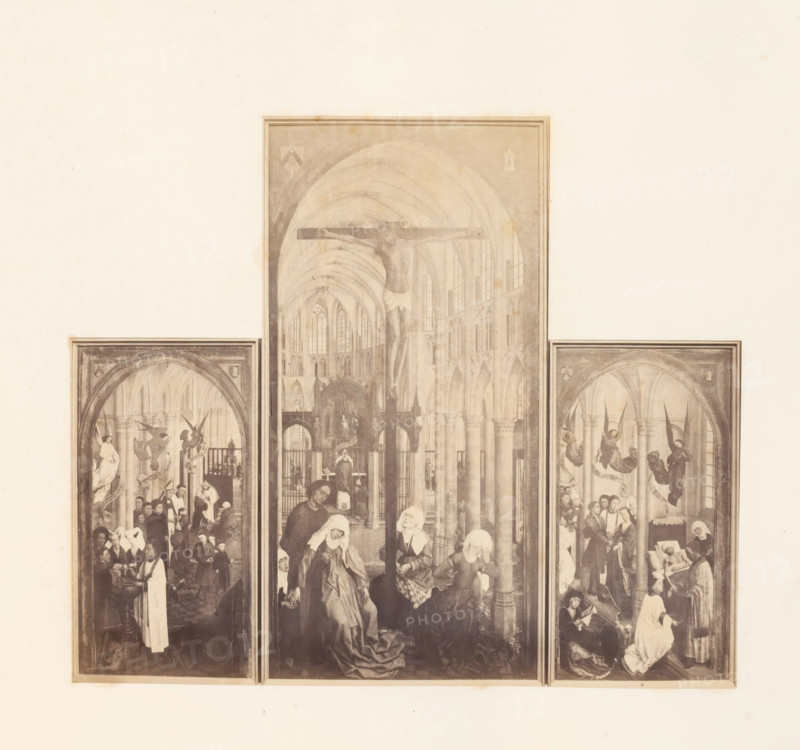 Photo reproduction of The Seven Sacraments by Rogier van der Weyden, photograph, reproduction, page, photographer: Edmond Fierlants, after painting by Rogier van der Weyden, publisher: C. Muquardt, Brussels, c. 1856 - in or before c. 1861, paper, albumen print, height 291 mm x width 341 mm, the seven Sacraments of the Roman Catholic Church, A triptych-style framed artwork with three vertical panels depicting a cathedral interior, the central panel showing a large crucifix suspended above a vaulted nave with tall arched windows and rows of columns, while the side panels contain scenes of numerous human figures engaged in various activities beneath gothic arches, many wearing period clothing and some with head coverings, and angels or winged figures appearing in the upper parts of the side panels; the overall image has a faded, sepia-toned appearance and is set against a wide pale background.
