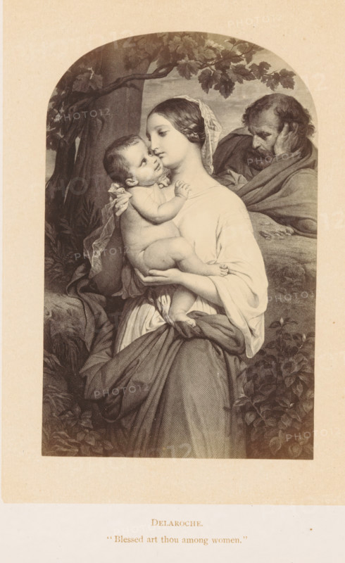Photo reproduction of a print after a painting, depicting Mary with Child and Joseph, photograph, reproduction, page, inscription: ''Blessed art thou among women.'', after painting by Paul Delaroche, after print by anonymous, c. 1861 - in or before 1871, photographer, after print by, paper, albumen print, height 126 mm x width 80 mm, adoration of the Christ-child by Mary and Joseph, A monochrome printed image inside a rounded-arched frame shows a seated woman wearing a head veil and flowing garments holding a naked infant against her chest, the woman looking gently toward the child while the child looks up at her; an older bearded man draped in a cloak sits behind them with his head resting on his hand; foliage and a tree trunk fill the background around the figures; below the framed image there is a printed name followed by a short printed phrase.