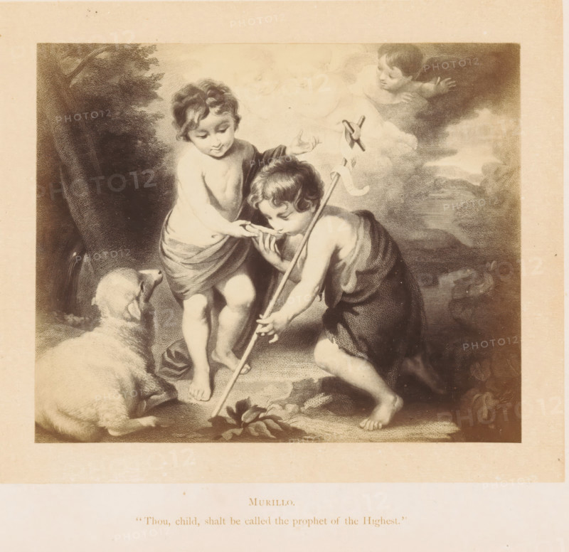 Photo reproduction of a print after a painting, depicting Christ and John the Baptist as children, photograph, reproduction, page, inscription: ''Thou, child, shalt be called the prophet of the Highest.'', after painting by Bartolomé Esteban Murillo, after print by anonymous, c. 1861 - in or before 1871, photographer, after print by, paper, albumen print, height 104 mm x width 126 mm, the Christ-child and John the Baptist (as child), A sepia-toned illustration showing two young children interacting in a pastoral setting, one standing with a draped cloth around the waist and an arm extended while the other kneels and holds a long staff, leaning forward to touch the standing child's hand; a lamb lies nearby looking toward them; a second small child appears partly in the clouds above, reaching down, and soft foliage and rocky ground form the surrounding background.