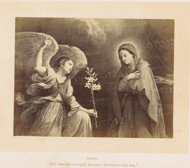 Photo reproduction of a print after a painting depicting the Annunciation, photograph, reproduction, page, inscription: ''Hail, thou that art highly favoured! the Lord is with thee!'', after painting by Guido Reni, after print by anonymous, c. 1861 - in or before 1871, photographer, after print by, paper, albumen print, albumendruk, height 95 mm x width 127 mm, the Annunciation: Mary kneeling, A sepia-toned illustration of two robed figures facing each other, one seated with large feathered wings and an outstretched arm pointing upward while holding a flowering stem, the other standing with a hooded cloak and a hand placed on the chest. The seated figure wears flowing garments with visible folds and layered fabric, and the standing figure has a soft halo effect around the head. A dark, textured background with cloud-like shading fills the space behind them, and a stack of books rests on a surface near the standing figure. The scene is bordered by a lighter paper margin.