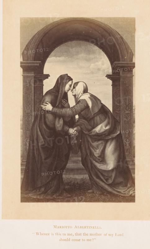Photo reproduction of a print after a painting, depicting the Visitation, photograph, reproduction, page, inscription: ''Whence is this to me, that the mother of my Lord should come to me?'', after painting by Mariotto Albertinelli, after print by anonymous, c. 1861 - in or before 1871, photographer, after print by, paper, albumen print, height 127 mm x width 79 mm, Visitation (possibly Joseph and, or Zacharias present) (Luke 1:39-56), Two women stand facing each other beneath a large arched stone structure with decorated columns on either side; both wear long draped garments and head coverings, one darker and more enveloping and the other lighter with a shawl, and they lean in close so their foreheads nearly touch while one woman's hands rest on the other's shoulders and the other holds her hand; the background through the arch shows a cloudy sky and the ground beneath them has textured vegetation.