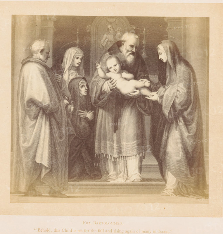 Photo reproduction of a print after a painting, depicting the presentation in the Temple, photograph, reproduction, page, inscription: ''Behold this Child is set for the fall and rising again of many in Israel.'', after painting by Bartolommeo (Fra), after print by anonymous, c. 1861 - in or before 1871, photographer, after print by, paper, albumen print, height 119 mm x width 126 mm, presentation of the Christ-child in the temple, usually Simeon (and Anna) present (Luke 2:22-39), A sepia-toned engraving shows a group of robed figures standing on steps inside an architectural interior, centered on an elderly bearded man holding a naked infant who raises one arm, while a veiled woman reaches out toward the child and other hooded and veiled figures stand nearby with folded hands and contemplative expressions, flanked by tall columns and a carved panel in the background.