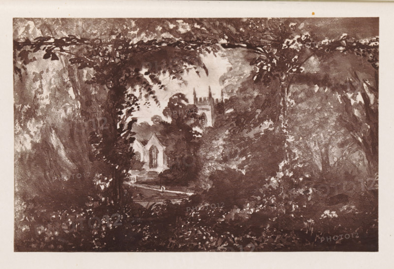 Photographic reproduction of a painting, depicting a view of a church in Stoke, reproduction, page, photomechanical print, cliché maker: Woodbury Permanent Photographic Printing Company, after painting by Catherine Leycester, Stoke, c. 1866 - in or before 1876, photographer, Cheshire (county), paper, Woodburytype, Woodburytypie, height 87 mm x width 137 mm, church (exterior), façade (of house or building), A sepia-toned landscape image showing dense foliage framing a view through trees toward structures beyond, with leafy branches forming an arch at the top and heavy shadowed vegetation along both sides; in the middle distance a small gothic-style building with pointed arched windows sits partially obscured by trees, and further back a larger tower with battlements and spires rises behind more treetops; a narrow path or bridge crosses a shaded foreground area, and mottled light and dark textures create a layered, painterly effect across the scene.