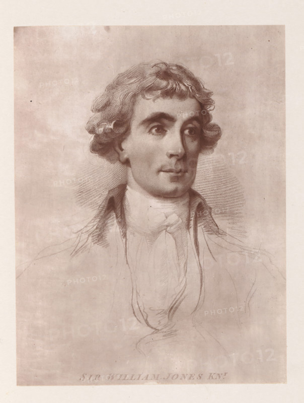 Photo reproduction of a drawing depicting a portrait of William Jones, reproduction, page, photomechanical print, cliché maker: Woodbury Permanent Photographic Printing Company, after drawing by Arthur William Devis, c. 1866 - in or before 1876, photographer, paper, Woodburytype, height 120 mm x width 90 mm, Person, William Jones, scholar, philosopher, historical persons (portraits and scenes from the life) (head (and shoulders) (portrait)), A sepia-toned portrait drawing of a man shown from the chest up, facing slightly to the right, with wavy hair framing his face and curls near his ears, expressive eyes looking right, a straight nose, and closed lips. He wears layered clothing including a high collar and a loosely tied neck cloth, and faint sketch lines indicate the shoulders and upper torso. The background is plain with subtle shading and the image is bordered by a lighter margin.