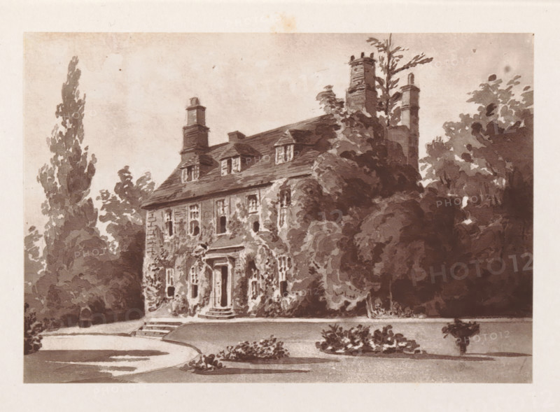 Photo reproduction of a painting depicting a view of West Woodhay House in West Woodhay, reproduction, page, photomechanical print, cliché maker: Woodbury Permanent Photographic Printing Company, after painting by anonymous, c. 1866 - in or before 1876, photographer, paper, Woodburytype, Woodburytypie, height 84 mm x width 123 mm, rural housing, eg country-house, villa, cottage, façade (of house or building), West Woodhay, West Woodhay House, A sepia-toned illustration shows a large, old house with a pitched roof and multiple chimneys rising above it, dormer windows projecting from the roof, and a central doorway reached by a small set of steps; the facade is partially covered in climbing vines and flanked by dense, leafy trees and shrubs that obscure parts of the building, while a curved driveway and small planted beds occupy the foreground.