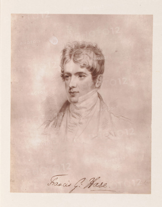 Photo reproduction of a drawing depicting a portrait of Francis George Hare, reproduction, page, photomechanical print, cliché maker: Woodbury Permanent Photographic Printing Company, after drawing by Slater, c. 1866 - in or before 1876, photographer, paper, Woodburytype, height 117 mm x width 92 mm, Person, Francis George Hare, historical persons, A faded sepia-toned portrait drawing of a young person shown from the shoulders up, with wavy hair, a high-collared shirt or cravat, and a coat; the face is rendered with soft shading and a neutral expression, looking slightly to the side; the background is plain and mottled with light and dark areas and some small marks; a cursive signature appears near the bottom edge of the image.
