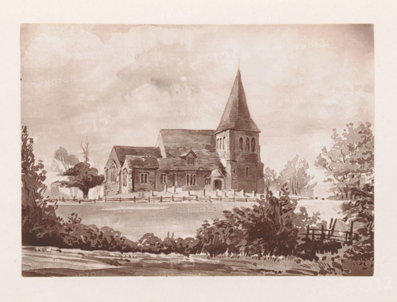 Photo reproduction of a painting depicting a view of All Saints Church at Herstmonceux, reproduction, page, photomechanical print, cliché maker: Woodbury Permanent Photographic Printing Company, after painting by anonymous, Herstmonceux, c. 1866 - in or before 1876, photographer, East Sussex, paper, Woodburytype, Woodburytypepie, height 83 mm x width 115 mm, church (exterior), facade (of house or building), A sepia-toned illustration of a church with a tall pointed steeple and adjoining lower roofed sections, surrounded by trees and shrubbery, with a low fence and gravestones in the foreground and a cloudy sky above.