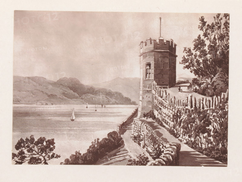 Photographic reproduction of a painting, depicting a view of a stone tower, with a lake in the background, reproduction, page, photomechanical print, cliché maker: Woodbury Permanent Photographic Printing Company, after painting by Augustus Hare, c. 1866 - in or before 1876, photographer, paper, Woodburytype, Woodburytypie, height 83 mm x width 117 mm, lake, tower, clock tower, monumental adornment, A sepia-toned scene shows a stone tower with battlements and a narrow window rising beside a curved stone wall and pathway that follow the cliff edge, with trees and dense foliage along the right side and lower foreground; beyond the wall a body of water stretches toward distant hills, with several small sailboats on the water and a calm sky above.