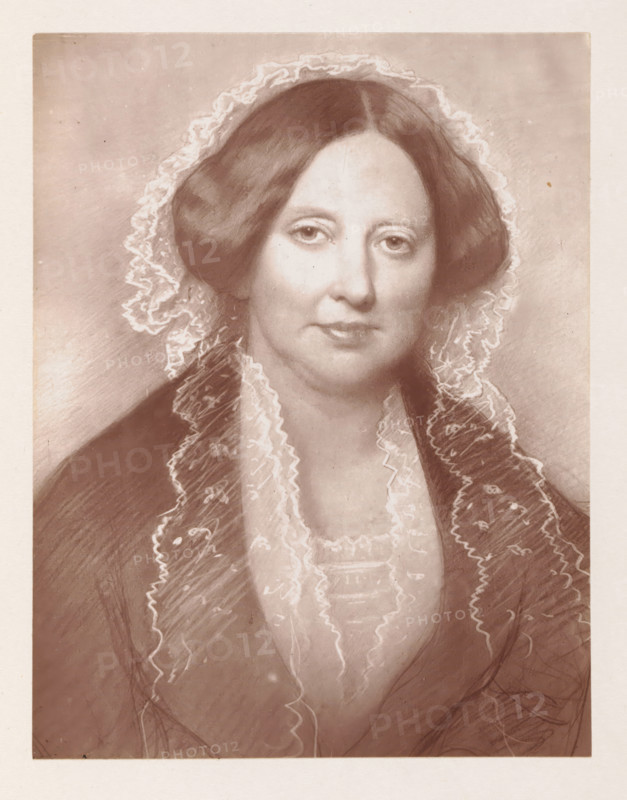 Photo reproduction of a drawing depicting a portrait of Maria Hare, reproduction, page, photomechanical print, cliché maker: Woodbury Permanent Photographic Printing Company, after drawing by Giovanni Battista Canevari, Rome, c. 1866 - in or before 1876, photographer, paper, Woodburytype, Woodburytypie, height 117 mm x width 91 mm, Drawing made in 1858., Person, Maria Leycester, historical persons - BB - woman, A sepia-toned portrait of a woman shown from the chest upward, with a centered face, straight hair parted in the middle and smoothed down on both sides, and a translucent lace veil framing her head and shoulders. Her expression is neutral with softly shaded eyes, defined eyebrows, a straight nose, and closed lips. She wears a dark outer garment with a lighter, ruffled lace collar and a layered bodice beneath, and delicate lace trim runs along the edges of her clothing. The background is plain with subtle tonal variations and the image has a narrow light border around it.