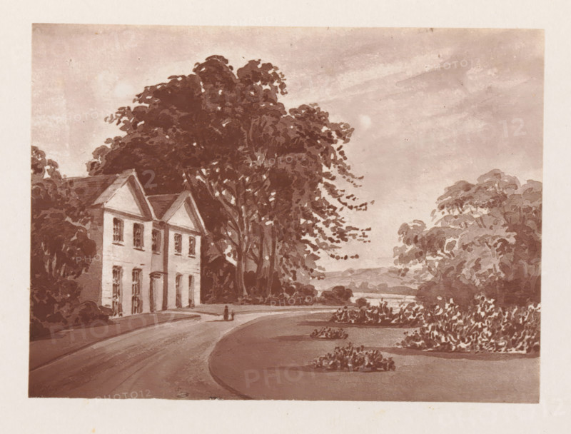 Photographic reproduction of a painting, depicting a view of the Stoke vicarage, reproduction, page, photomechanical print, cliché maker: Woodbury Permanent Photographic Printing Company, after painting by Catherine Leycester, Stoke, c. 1866 - in or before 1876, photographer, Cheshire (county), paper, Woodburytype, Woodburytypie, height 84 mm x width 116 mm, organizations, assemblies, etc. in Protestant churches, façade (of house or building), A sepia-toned scene showing a two-story house with gabled roof and tall windows partially obscured by large leafy trees, a curved paved road leading past the house toward a distant body of water, expanses of shrubs and landscaped planting beds along the roadside, dense tree canopies framing the right side, and a cloudy sky overhead.