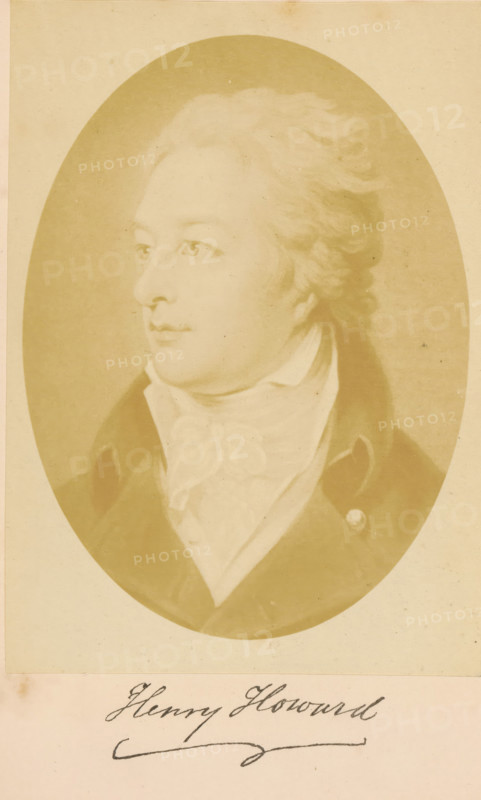 Photo reproduction of a portrait of Henry Howard, Henry Howard, photograph, reproduction, page, after print by Charles Turner (possibly), c. 1862 - in or before 1872, Charles Turner, photographer, after print by, paper, albumen print, albumendruk, height 133 mm x width 95 mm, Person, portrait of a writer, print, eg: engraving, etching, lithograph, An oval sepia-toned portrait of a left-facing man with light wavy hair, wearing a high-collared shirt and a tied cravat beneath a dark coat with visible lapels and a round button, set against a plain background on a rectangular sheet.