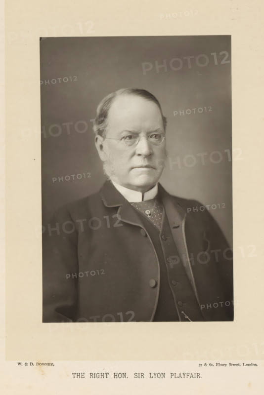 The right Hon. Sir Lyon Playfair, Portrait of Lyon Playfair, page, photomechanical print, inscription: '57 & 61, Elbury Street, London.', photographer: Downey, William & Daniel, London, cliché maker: anonymous, c. 1882 - in or before 1892, paper, Woodburytype, height 140 mm x width 93 mm, Person, Lyon Playfair, politician, eg party leader, A black and white portrait of an older man shown from the chest up, wearing round eyeglasses and a dark three-piece suit with a high white collar and a patterned tie, his hair combed back and short sideburns visible, set against a plain darker background and mounted on a light-colored mat.
