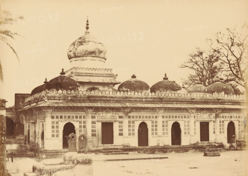 Shah Wuze-U-Deen's Tomb, View of a Shah's tomb in Ahmedabad, photograph, page, number: '116.', photographer: Thomas Biggs, Ahmedabad (city), c. 1856 - in or before 1866, Gujarat, paper, albumen print, height 135 mm x width 189 mm, grave, tomb, A sepia-toned photograph of a building with a row of arched doorways along its façade and decorative latticework panels above and between the arches, a low parapet capped with small scalloped ornamentation, and a series of domes rising above the roofline including a larger central dome with a finial and several smaller rounded domes with finials; the building shows weathering and darkened patches on the domes and upper surfaces, carved cornices and ornamental friezes under the roof, and a set of stone structures and steps in the foreground, with bare-branched trees visible to the right and a partial palm frond at the left edge.