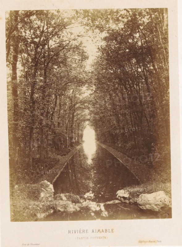 River in the Bois de Vincennes, Rivière aimable (partie couverte), Bois de Vincennes, photograph, page, photographer: Ildefonse Rousset, c. 1861 - in or before 1866, Paris, paper, albumen print, height 178 mm x width 138 mm, river, public gardens, park, A narrow waterway stretches away from the foreground toward a bright vanishing point, flanked on both sides by tall trees whose branches form a dense canopy overhead, their leaves creating a textured pattern against the sky; the water surface reflects the trees and light above, and grassy, rocky banks with small stones and tufts of grass frame the near edge of the scene.