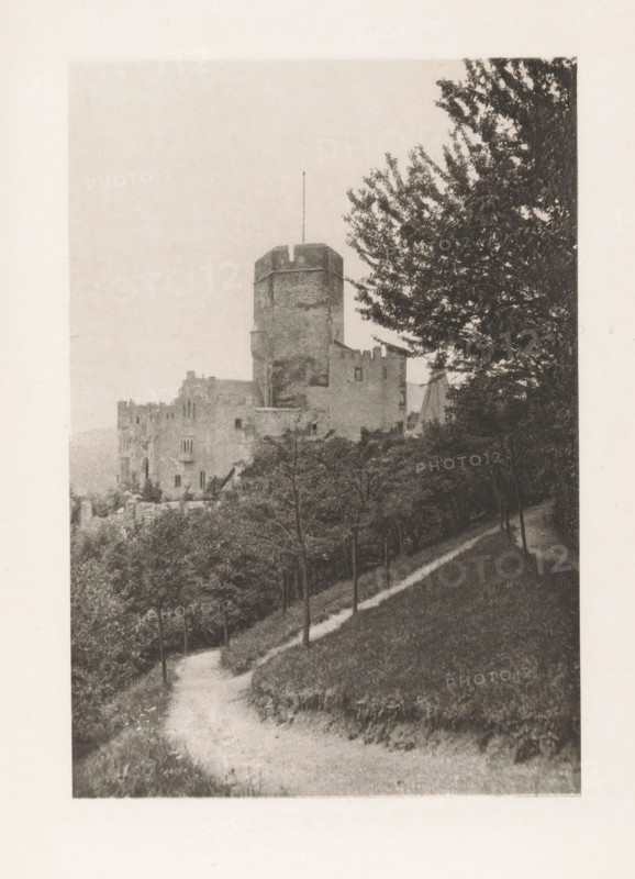 Exterior of Lahneck Castle in Lahnstein, page, photomechanical print, title: 'The Castle of Lahneck.', Lahnstein, c. 1889 - in or before 1899, Rhineland-Palatinate, paper, photoaquatint, height 128 mm x width 88 mm, castle, façade (or house or building), Burg Lahneck, A grayscale photograph of a medieval stone castle with a prominent round tower topped by a narrow vertical pole, the castle showing battlements and rectangular windows; a tree-lined dirt path curves up a sloped grassy hillside in the foreground, young trees with slender trunks along the path and denser foliage at the top right partially obscuring part of the castle, with shrubbery and textured stone walls visible around the castle base and distant hills faintly visible behind the structure.